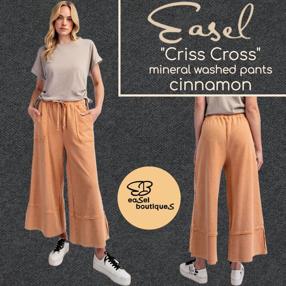 EASEL "Criss Cross" Mineral Washed Cotton Raw Seams Cropped Flared Pants Pockets